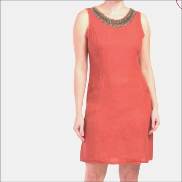 NWT LINA TOMEI 100% LINEN SLEEVELESS BEADED POCKET LAGENLOOK KNEE SHEATH DRE… - Picture 1 of 16